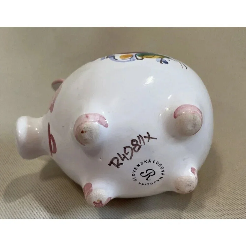 Ceramic Slovenska‎ Folk Art Piggy Pig Bank Figure Colorful Floral Hearts